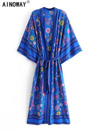 Swimwear Blue Peacock Floral Print Sashes Bohemian Kimono for Women V Neck Batwing Sleeves Beach Maxi Dress Boho Robe Coverups