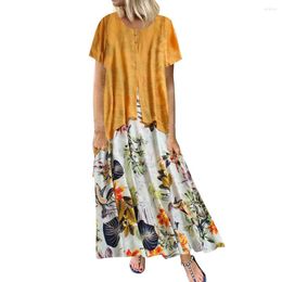 Casual Dresses Women Size Patchwork Maxi Loose Dress Vintage Summer Floral Print Party Breathable Linen Blend Pacthwork Elegant