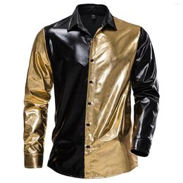 Men's Casual Shirts Mens Metallic Tops Colour Block Shirt Fashion Long Sleeve Button Down 70s Disco Theme Party Stage Performance Costume