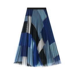 Skirts Korean Style Geometric Print Y2K Skirt VD1702 Women Purple Black Blue Long Midi Length Tulle Pleated Skirt 230511