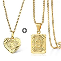 Pendant Necklaces 2pcs/set Heart Square Initial Letter Necklace Rolo Cable Box Chain Gold Colour Stainless Steel Name Jewellery For Women