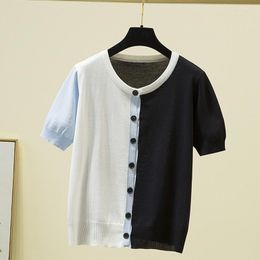 Women's T Shirts Knitted Contrast Collar Button Cardigan Short Sleeve Shirt Women Summer Tops Camisetas De Mujer Tee Femme Korean Tshirt