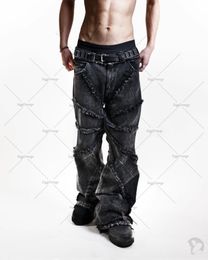 Mens Jeans American hip hop high street striped black jeans y2k niche design sense retro waist skinny casual loose 230511