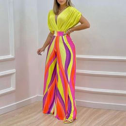 Women's Two Piece Pants Zoctuo Elegant Women's Pant Sets Striped Printing V-neck Wide Leg Pants Trousers Suits Casual High Waist Clothes 2 Pieces 230511