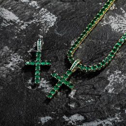 Simple Design Colourful Letter C Pendant Necklace Green Cubic Zirconia Cross Charms Trendy Advanced Shiny Tennis Chain Bracelet Choker Jewellery Bijoux For Women Gift