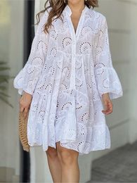 Casual Dresses Dress for Women In Loose Lace Dress Fashion Flare Sleeve Embroidery Dress Women Sexy Hollow Out Pattern Mini Dresses 230511