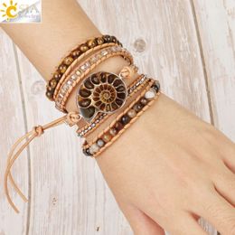 Chain CSJA Boho Leather Wrap Bracelet Natural Stone Bracelets for Women Tiger Eye Bead Multilayer Wickelarmband S475 230511