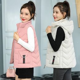 Women's Vests 2023 Solid Colour Zipper Down Cotton Vest Women Short Wild Casual Fashion Korean Thick Slim-Fit Hooded Warm Waistcoat Pink