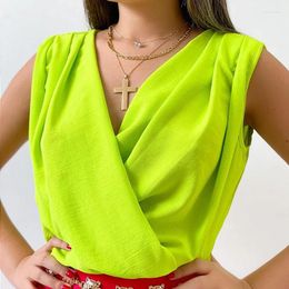 Women's Polos Women's Summer Solid Color Shawl Collar Sleeveless Shirt Pleated Fabric V-neck Top