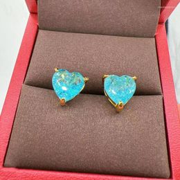 Stud Earrings Vintage Metal Gold Plated Simple Three-Claw Inlaid With Sea Blue Zircon Suitable For Women