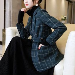 Women's Wool High-End Quality Autumn 2023 Dark Green Retro Plaid Woolen Jacket Women Suit Collar Coat Top Outwear Sashes Female Blazer