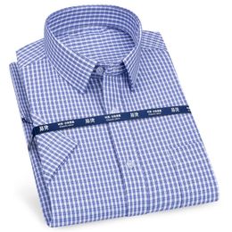 Men's Casual Shirts Mens Short Sleeve Shirt Business Casual Classic Plaid Striped Checked Male Social Dress Shirts Purple Blue Beach Quality Shirts 230511