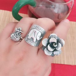 Cluster Rings Silver Retro Thai Handmade Original Large Flower Shape Without Mosaic Opening Adjustable Female Ring