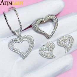 Wedding Jewellery Sets HipHop Iced Out Fashion CZ Hollow Heart Pendant Necklace Cubic Zirconia Bling Hearts Ring Stud Earring Women 230511