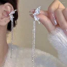 Backs Earrings Fashion Sparkling Zircon Butterfly Ear Cuff For Women Y2K Fairy Long Tassels Bone Clip Earring Charm Party Jewelry