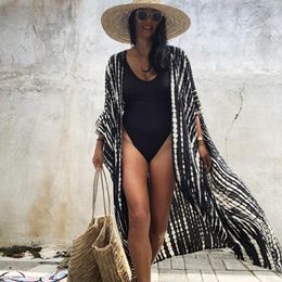 Swimwear TEELYNN Cotton Rayon Slim Kimono Dress Women Bikini Cover Up Casual 2022 Tiedye Stripes Printed Boho Beach Cardigan Tuninc Robe