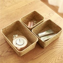 Storage Baskets Woven Seagrass Straw Rattan Desk Organizer Picnic Fruit Box Cosmetic Container 230510