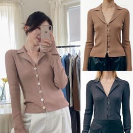 Women's T Shirts Women Simple Slim Cardigan Sweater Single Breasted V-neck Long Sleeve Female All-match Solid Color Knit Jumpers