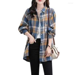 Women's Blouses Cotton Plaid Shirt Blouse 2023 Spring Summer Autumn Medium Long Retro Casual Shirts Jacket Korean Version Female Tops