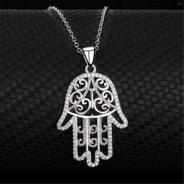 Pendant Necklaces Hand Of Fatima Silver Hamsa Palm Hollow Necklace With Zircon For Women Girl Friend's Gifts Trendy Clavicle Chain