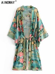 Cover-up Green Crane Floral Print Boho Kimono Dress Women V Neck Batwing Sleeves Rayon Cotton Bohemian Beach Robe Coverups