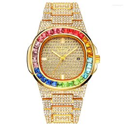 Wristwatches PINTIME Wristwatch Male Iced Out Golden Dial Clock Quartz Watch Men Luxury Full Diamond Hip Hop Colorful Gold Rhinestone