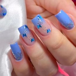 False Nails 24pcs Square French Fresh Blue Butterfly Shiny Flower Press On 2023 Summer DIY Manicure