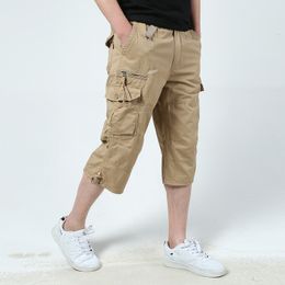 Men's Shorts Long Length Cargo Men Summer Knee Multi Pocket Casual Cotton Elastic Waist Military Breeches Cropped Trousers 230510