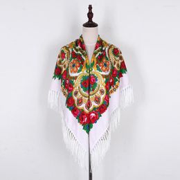 Scarves 135 135cm Women Russian Style Floral Print Square Scarf Retro Ukrainian Fringed Shawl Babushka Handkerchief Female Head Wraps