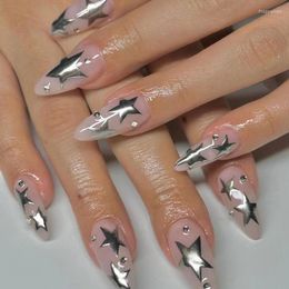 False Nails 24pcs/set Short Fake Set Faux Ongles Cool Silver Star With Diamond Designs French Almond Tips Manicure Press On Nail