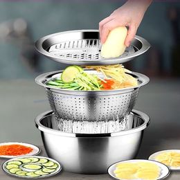 Fruit Vegetable Tools 3Pcs/Set Multifunctional Kitchen Tool Grater Strainer Stainless Steel Vegetables Fruits Graters Drain Basin Rice Washing Philtre 230511