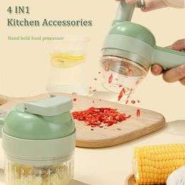 Fruit Vegetable Tools 4 In 1 Handheld Electric Vegetable Cutter Set Durable Chilli Vegetable Crusher Kitchen Tool Charging Ginger Kichen Accessories 230511