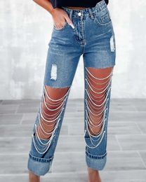 Cyber Y2k Vintage Hohlloch Kette Gerade Jeans Damen Herbst Hohe Taille Lose Denim Lange Hosen Lässige Streetwear 90er Jahre Hose