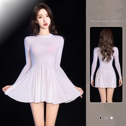 Sexy Skirt Women Sexy Underwear High Waist Slim Fit Long Sleeve Dresses With Thong Translucent Pure Lovely Baby Dolls Erotic Costume 230511