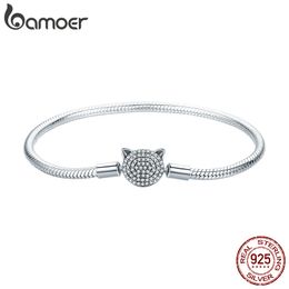 Bamoer 100% 925 Sterling Silver Glittering CZ Cute Cat Snake Chain Bracelet for Women Charm and Bead DIY Fine Jewellery SCB053