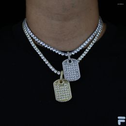 Chains Men's Pendant Filled Iced Out Rhinestone Gold Colour Charm Square Dog Tag Necklace With Cuban Chain Hip Hop Jewellery