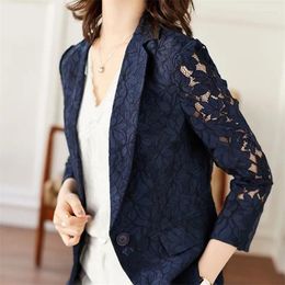 Women's Suits Size 6XL Lace Suit Jacket Female 2023 Autumn And Summer Temperament Sunscreen Hollow Blue Ladies Blazer Women Tops Elegant