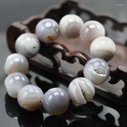 Strand 12-20mm Grey Onyx Agat Druzy Quartz Laughing Bracelet Natural Stretch Bangle Round Beads Veins Stone Men Gift