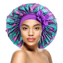 Hijabs Elastic Band Large Satin Bonnet Sleeping Cap Women African Pattern Ankara Print Hat Adjustable Night Sleep Cap Soft Headcover 230511