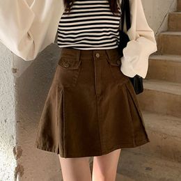 Skirts HOUZHOU Brown Denim Skirt Women Vintage Cute Korean Style High Waist Pocket A-line Pleated Mini Skirt for Girls Preppy Casual 230511