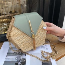 Evening Bags Hexagon Straw leather Shoulder Crossbody for Women Summer Rattan Bag Handmade Woven Beach Circle Bohemia Handbag 230510