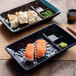 Plates Japanese Retro Ceramic Divided Grid Dumpling Plate Rectangular Sushi With Dipping Saucer Household Cold Dish Snac