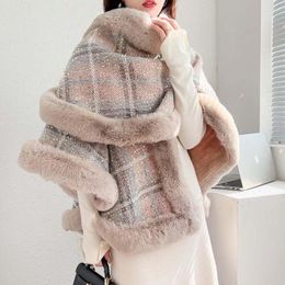 Scarves Fashion Spangle Wool Blends Plaid Faux Fur Cape Coat Thicken Lining Shawl Women Winter Elegant Warm Cloak Wrap Overcoat 2023