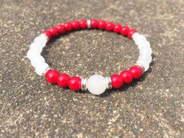 Strand Natural Stone Bead Bracelet 6MM WhiteJade Coral Red Yoga Mala Beads Fashion Women's Meditation