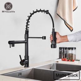 Kitchen Faucets Black Pull Down Brass Sink Cold Water Mixer Crane Tap with Dual Spout 360 Rotation High Deck Mounted 230510