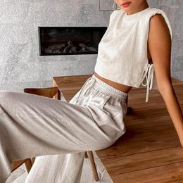 Womens Two Piece Pants Lovship Khaki Cotton Linen Set For Women 2 Trouser Suit Sexy Sleeveless Tops Casual High Waist Wide Leg Vacation