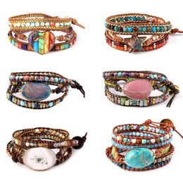 Chain Vintage Bohemian Colourful Natural Stone Bracelet Long Adjustable Leather Wrap Beaded Bracelets For Women Fashion Jewellery Gift 230511