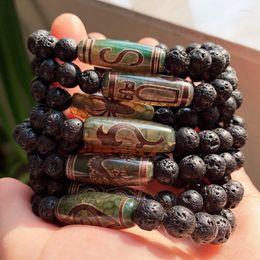 Charm Bracelets Energy Natural Tibetan Dzi Bracelet For Women Men Ruyi Dragon Nine Eyes Agat Black Lava Stone Fengshui Healing Jewellery