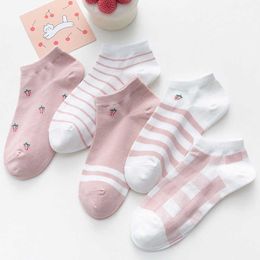 Socks Hosiery 5 Pairs/Set Women Short Socks Spring Summer Stripe Green Truss Thin Boat Socks Flowers Low Tube Socks Calcetines P230511