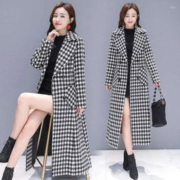 Women's Wool Add Cotton Houndstooth Woolen Coat Women Over The Knee 2023 Autumn And Winter Thick Plaid Jackets Long Outwear 800